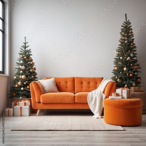 Orange Sofa with Christmas Trees and Gifts photo