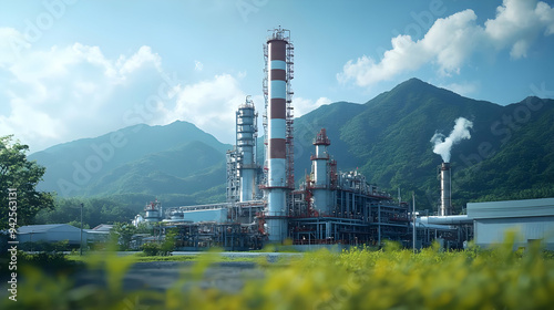 Industrial complex with tall smokestacks and mountains in the background. photo