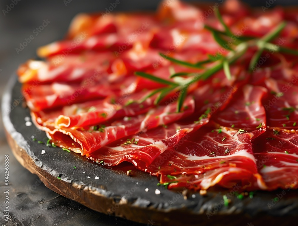 Obraz premium Sliced Jamon Iberico close up, gourmet Spanish cured meat photography