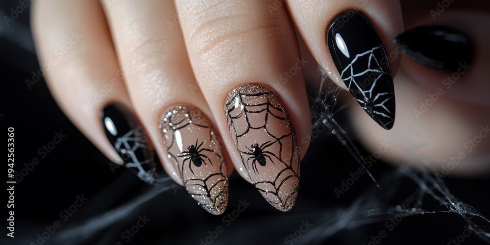Halloween-themed nails featuring detailed spiderweb designs, glittery black polish, and tiny spider accents, set against a dark background Halloween-themed nails featuring detailed spiderweb designs, glittery black polish, and tiny spider accents, set against a dark background