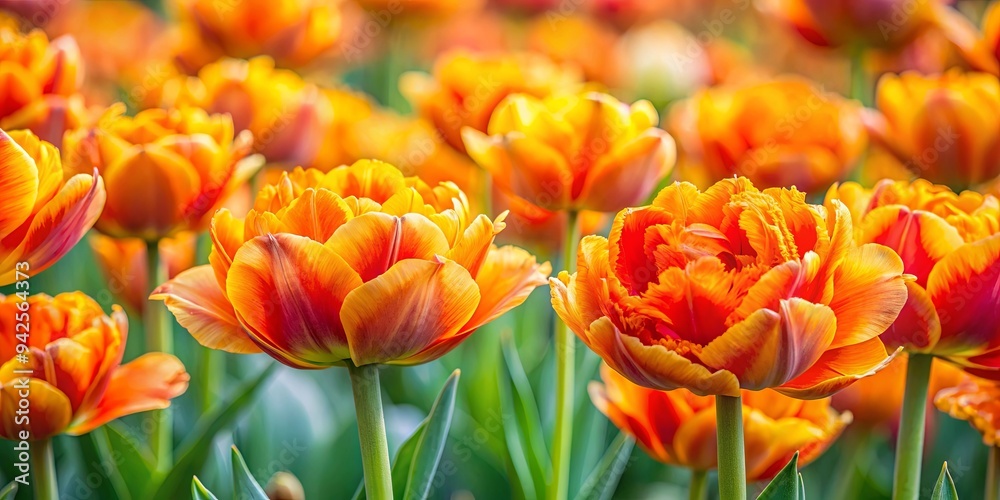 Vibrant orange and yellow parrot tulips in full bloom in a spring garden Vibrant orange and yellow parrot tulips in full bloom in a spring garden