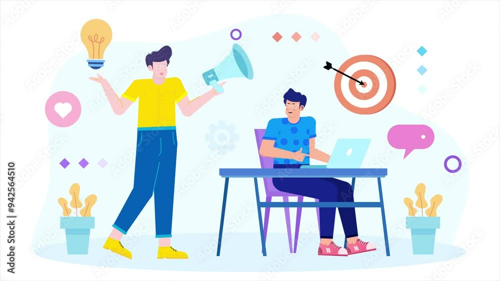 a man bring megaphone and light bulb while a man sit down using laptop illustration business animated video a man bring megaphone and light bulb while a man sit down using laptop illustration business animated video