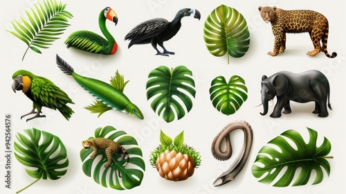 Fototapeta Naklejka Na Ścianę i Meble -  Tropical jungle animals and plants isolated on white.