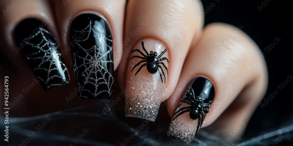 Obraz premium Halloween-themed nails featuring detailed spiderweb designs, glittery black polish, and tiny spider accents, set against a dark background