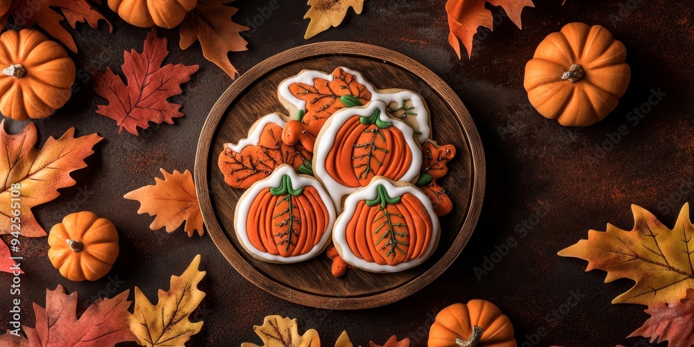 Pumpkin-shaped sugar cookies with intricate icing details, set on a rustic wooden plate surrounded by fall leaves and small decorative pumpkins