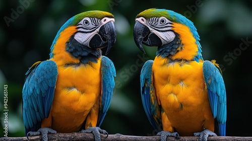 Two Blue and Gold Macaws Looking at Each Other