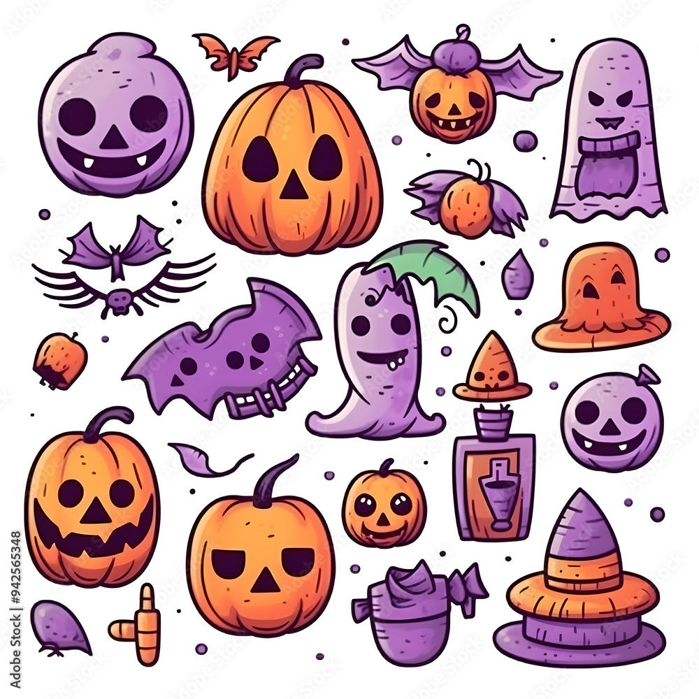 halloween element doodle icon set generative AI. halloween element doodle icon set generative AI.