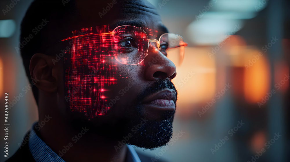 Man looking away with red digital lines on his face. Man looking away with red digital lines on his face.