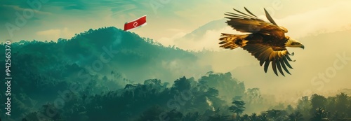 Eagle Soaring Over Misty Mountains photo