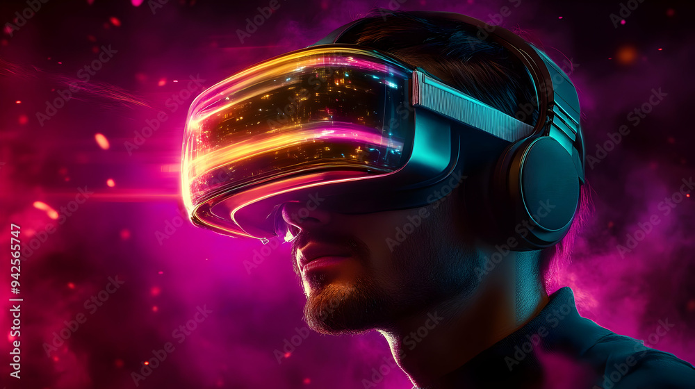 Man wearing a VR headset in a futuristic neon lights background.