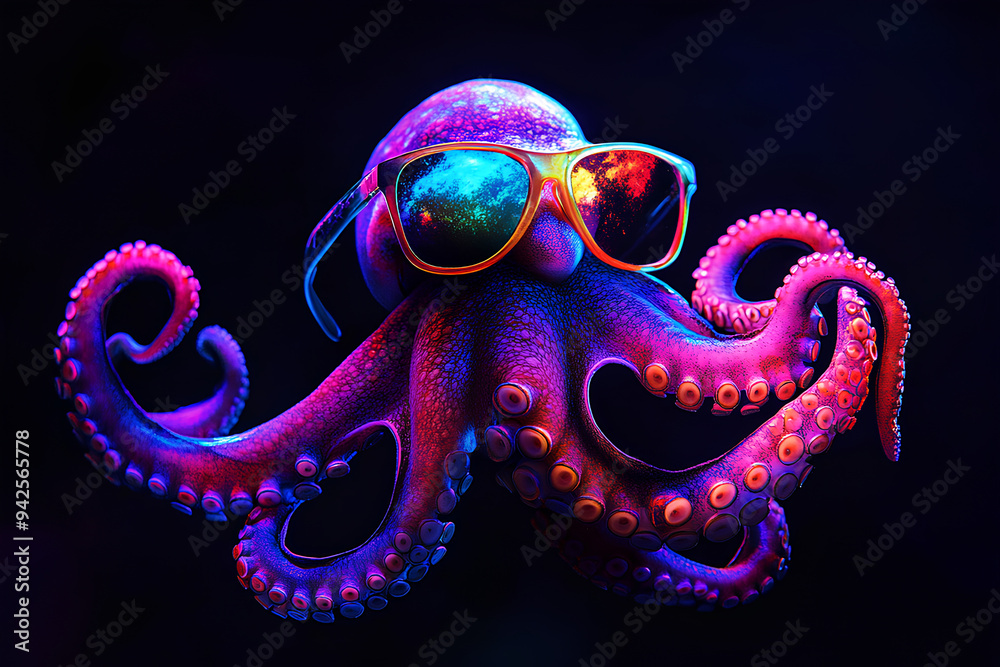 Fototapeta premium Cute octopus wearing sunglasses on a neon black background