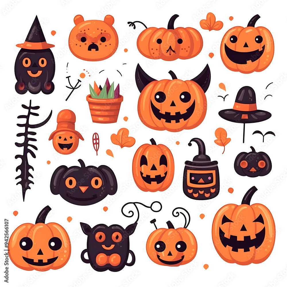 Naklejka premium halloween element doodle icon set generative AI.
