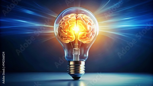 Bright lightbulb brain glowing with creative ideas, innovation, and intelligence in brainstorming session