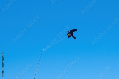 Kite in the shape of an eagle flying against the blue sky.