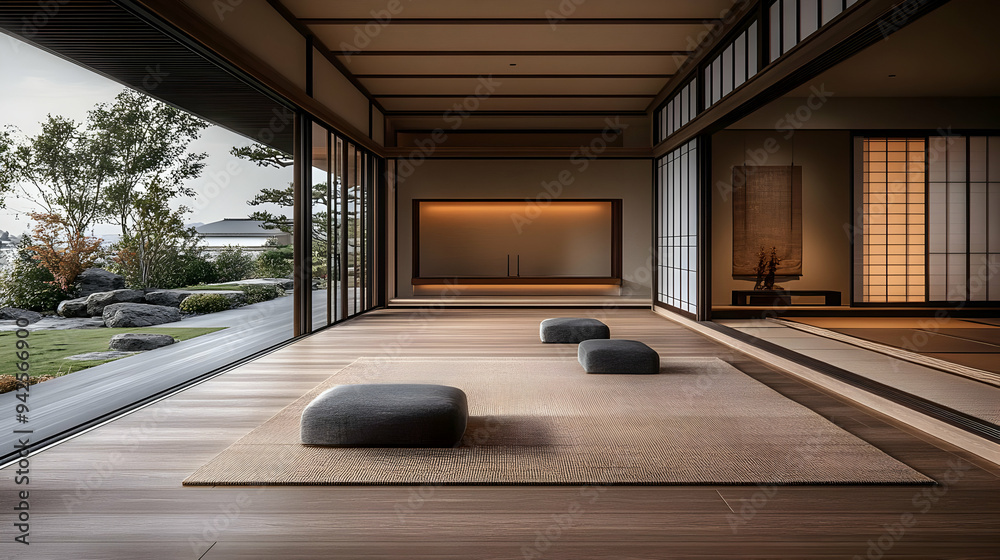 Minimalist Japanese zen room with tatami mats, sliding doors, and a view of a garden. Minimalist Japanese zen room with tatami mats, sliding doors, and a view of a garden.