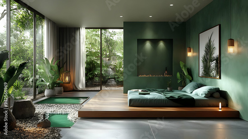 Modern bedroom with green w...