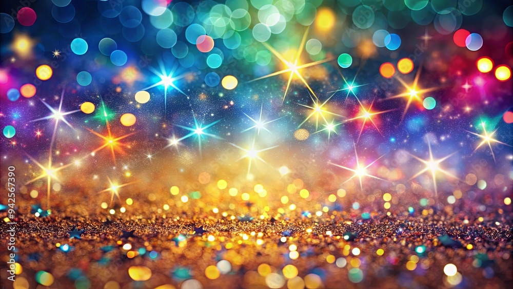 Colorful bokeh lights and scattered stars on glittering bokeh light sparkle for a festive celebration Colorful bokeh lights and scattered stars on glittering bokeh light sparkle for a festive celebration
