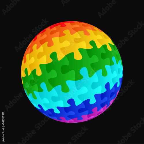 Globe puzzle assembled from pieces with the colors of the gay pride flag LGBT. Vector isolated on black background