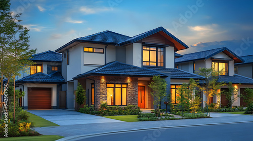 Modern home with a stone fa...