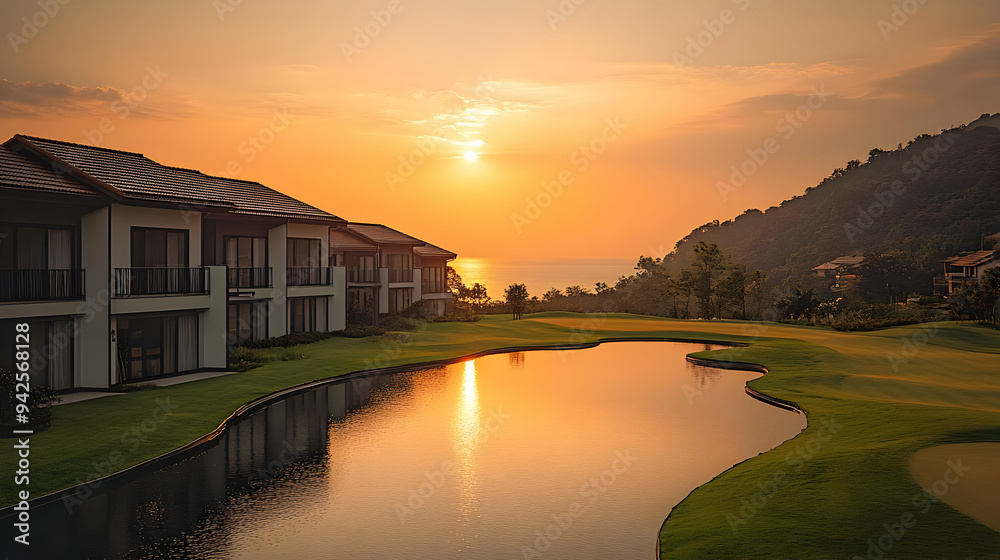 Fototapeta premium Modern house with a pond and golf course in front of a sunset sky.