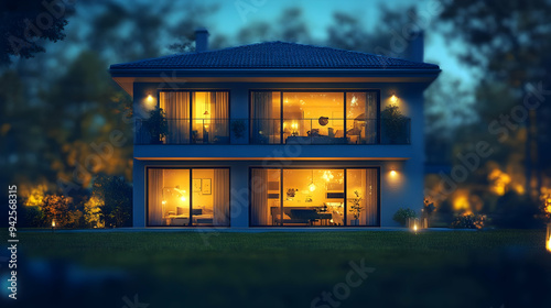 Modern house with warm ligh...
