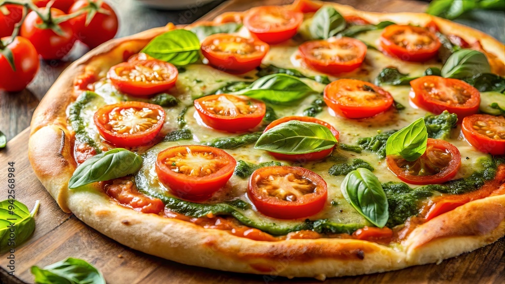 Close up of a delicious tomato and basil pizza drizzled with pesto sauce Close up of a delicious tomato and basil pizza drizzled with pesto sauce
