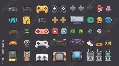 Pixelated Game Controller and Retro Game Icons. photo