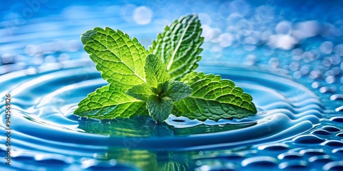 Close up image of fresh mint leaves floating in a stream of blue liquid photo