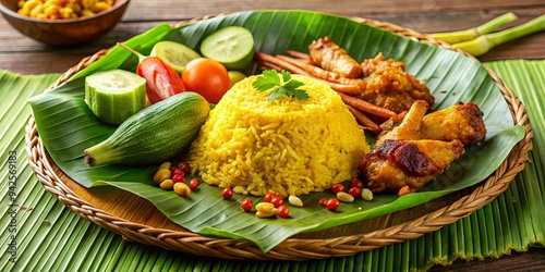 Traditional Malaysian dish of turmeric rice with curry, nasi kunyit kuning, served on a banana leaf plate with spicy chicken and pickled vegetables photo