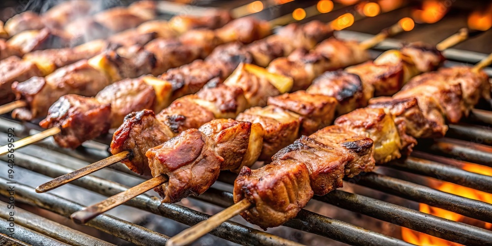 Grilled skewers of meat on a barbecue grill in Brazilian cuisine Grilled skewers of meat on a barbecue grill in Brazilian cuisine