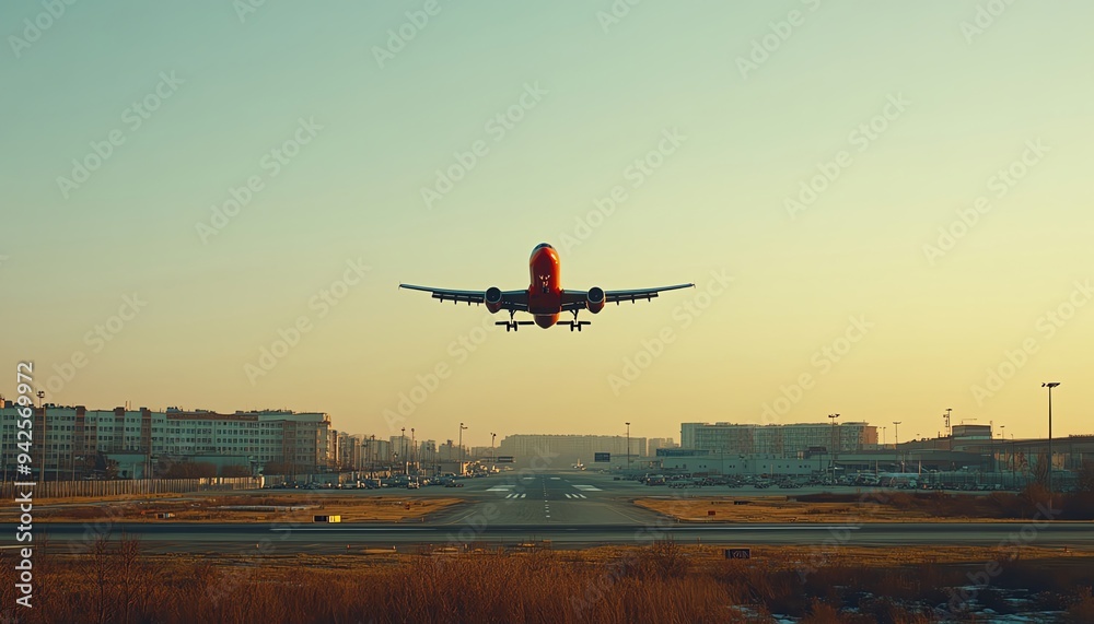 Fototapeta premium A stunning silhouette of an airplane taking off against a beautiful sunset backdrop, highlighting travel and adventure.