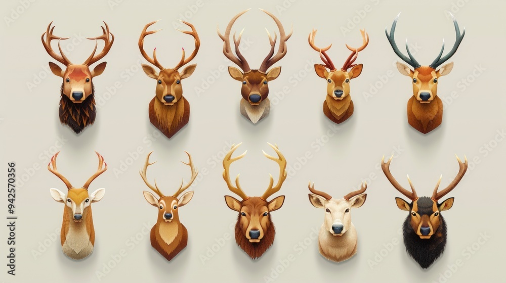 Collection of deer heads with antlers. Collection of deer heads with antlers.