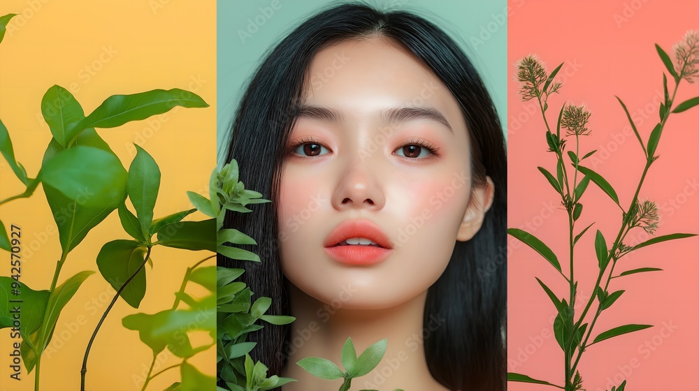 Close-Up of a Woman with Healthy Skin and Organic Skincare Routine, Surrounded by Plants Against a Minimalist Background. Natural Beauty and Wellness Concept Close-Up of a Woman with Healthy Skin and Organic Skincare Routine, Surrounded by Plants Against a Minimalist Background. Natural Beauty and Wellness Concept