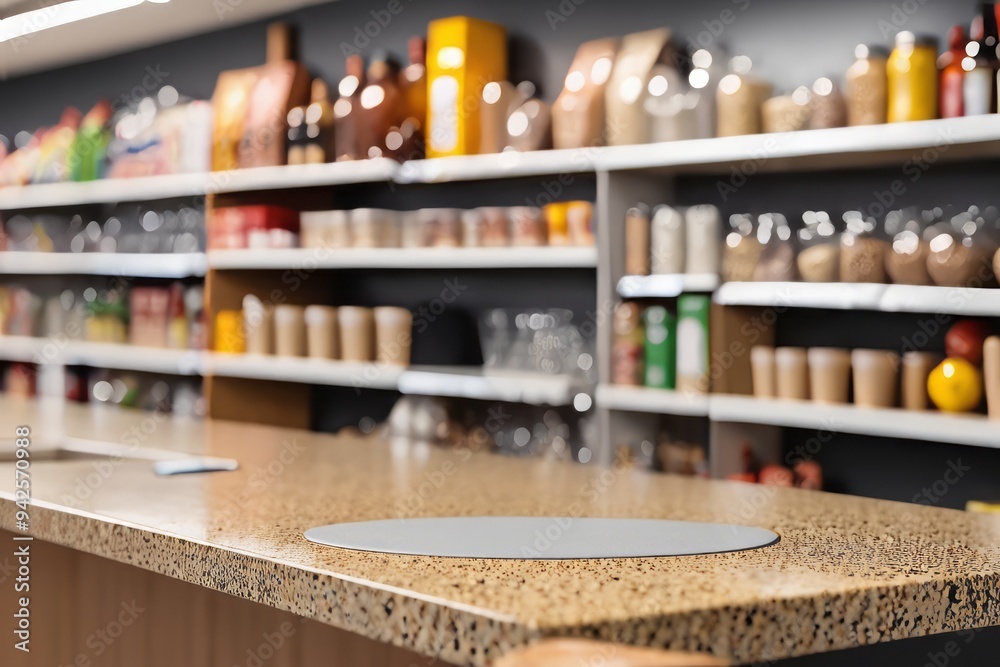 tabletop over shop with, bottles lined up on shelves tabletop over shop with, bottles lined up on shelves