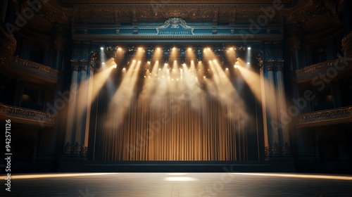 A richly detailed art deco backdrop with deep burgundy curtains, ornate patterns, and a classic spotlight casting a warm, golden light onto the center stage photo