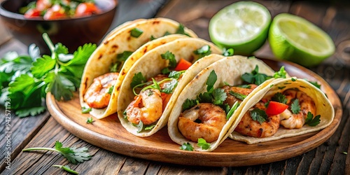 Close up of grilled shrimp tacos topped with fresh cilantro and a squeeze of lime, perfect for Taco Tuesday or any day of the week