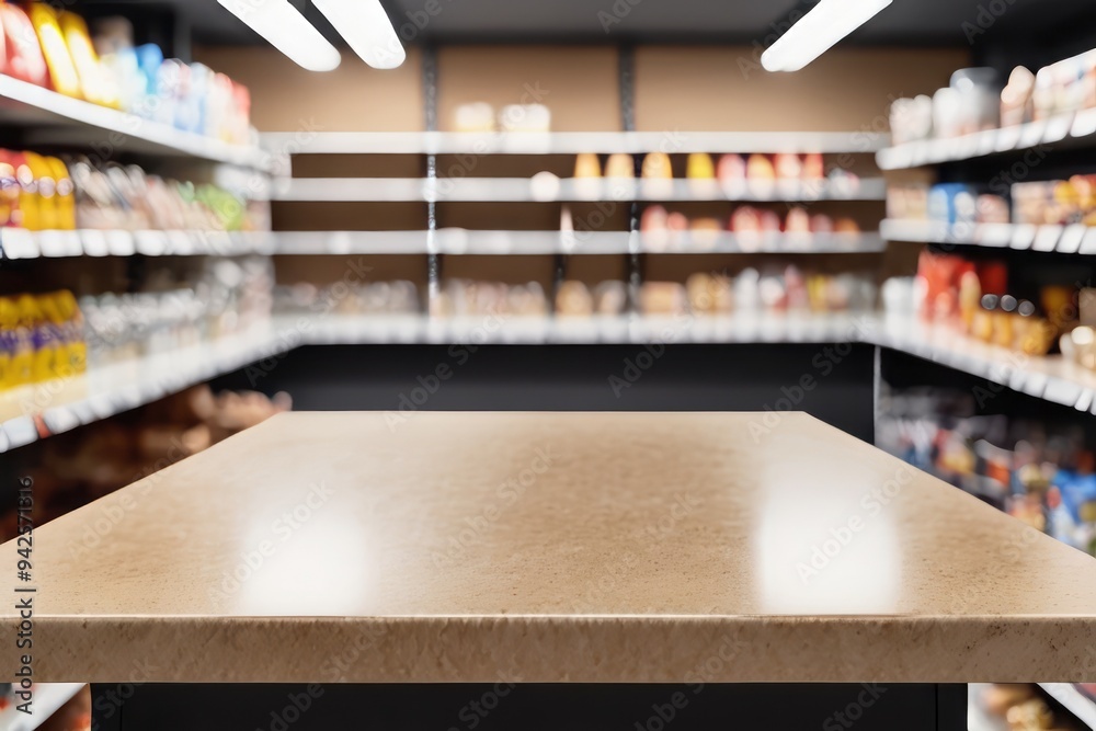 close-up table counter over rows of shelves filled with products in a supermarket close-up table counter over rows of shelves filled with products in a supermarket