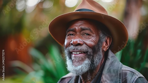 Portrait of a smiling senior man with a hat.