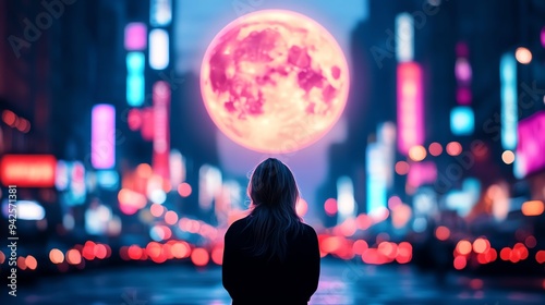 A vibrant city skyline backdrop at night, illuminated by bright neon signs and bustling streets, with a large, glowing moon hanging over the horizon photo