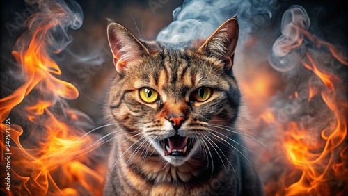 Fiery-eyed cat exuding rage in a cloud of smoke