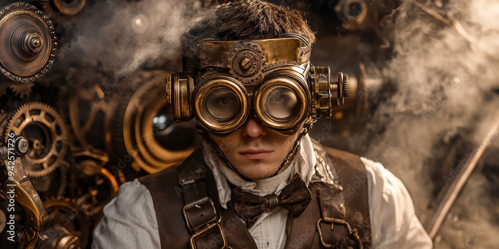 Steampunk adventurer costume with intricate brass goggles, leather straps, and a mechanical arm, surrounded by swirling gears and steam Steampunk adventurer costume with intricate brass goggles, leather straps, and a mechanical arm, surrounded by swirling gears and steam