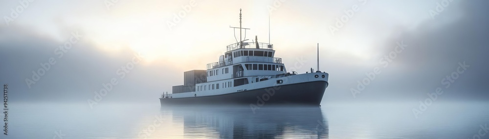 A large ship sails through a misty, serene sea. A large ship sails through a misty, serene sea.