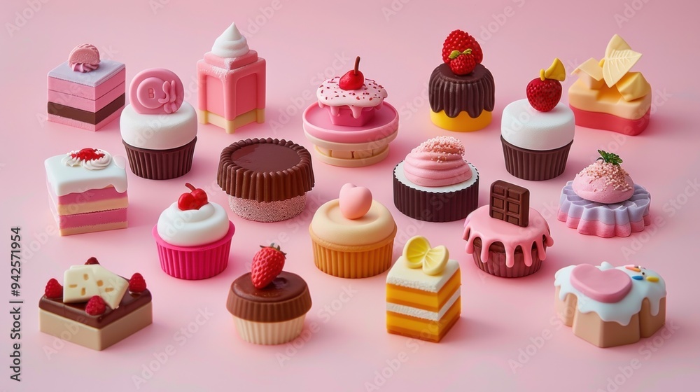 Colorful Miniature Cakes on Pink Background. Colorful Miniature Cakes on Pink Background.