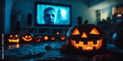 Glowing jack-o'-lanterns lighting up a dark room during a Halloween movie night, with a classic horror film playing on the screen photo