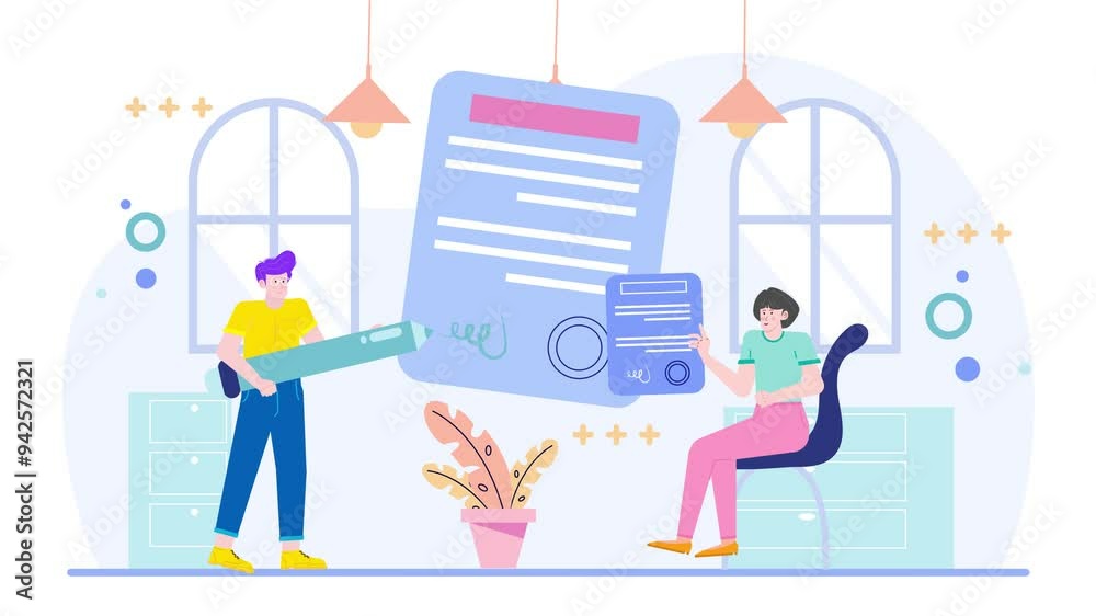 office setting with people and contract document illustration business animated video office setting with people and contract document illustration business animated video