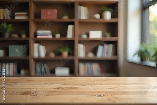 Library shelves filled with books in a quiet room, showcasing a large collection of literature, perfect for studying and learning photo