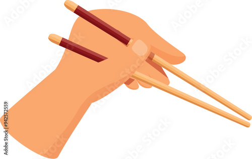 Hand is elegantly holding a pair of chopsticks, poised to pick up a delicious bite of asian cuisine