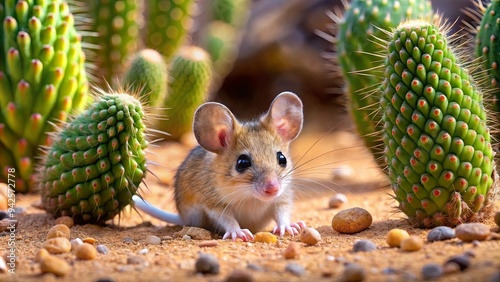 A cute mouse exploring a prickly cactus plant in the desert photo