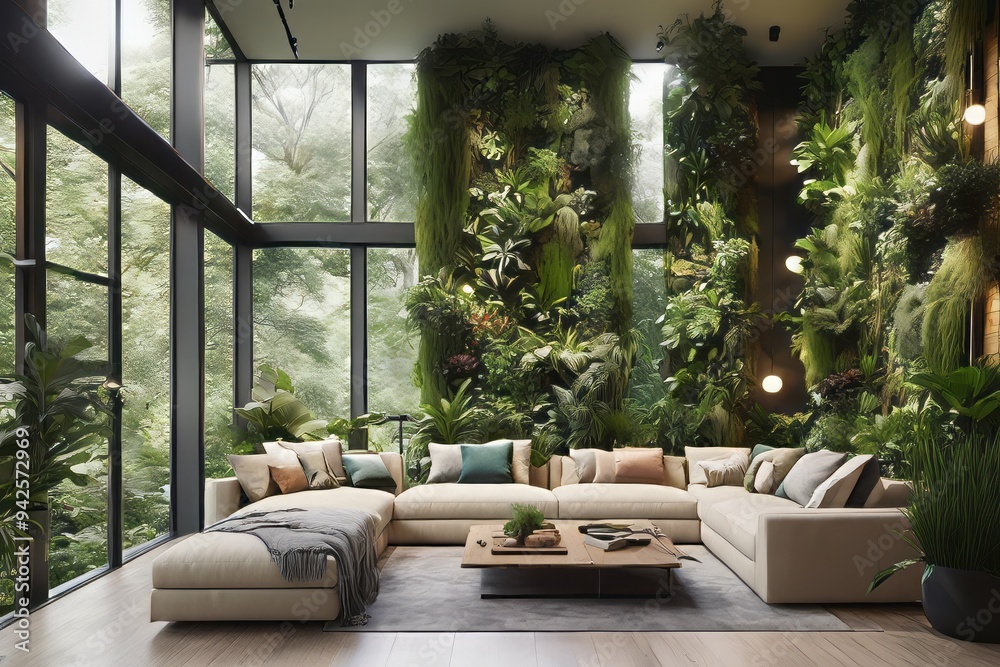 Modern living room with stylish furniture, including a sofa, table, and chairs, featuring contemporary design elements and a tropical plant Modern living room with stylish furniture, including a sofa, table, and chairs, featuring contemporary design elements and a tropical plant