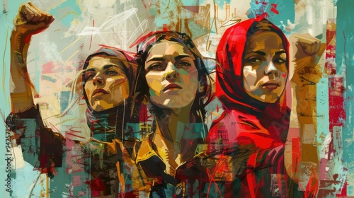 Digital art depicting the 8M women strike movement, capturing the energy and unity of women advocating for equal rights and social change.
